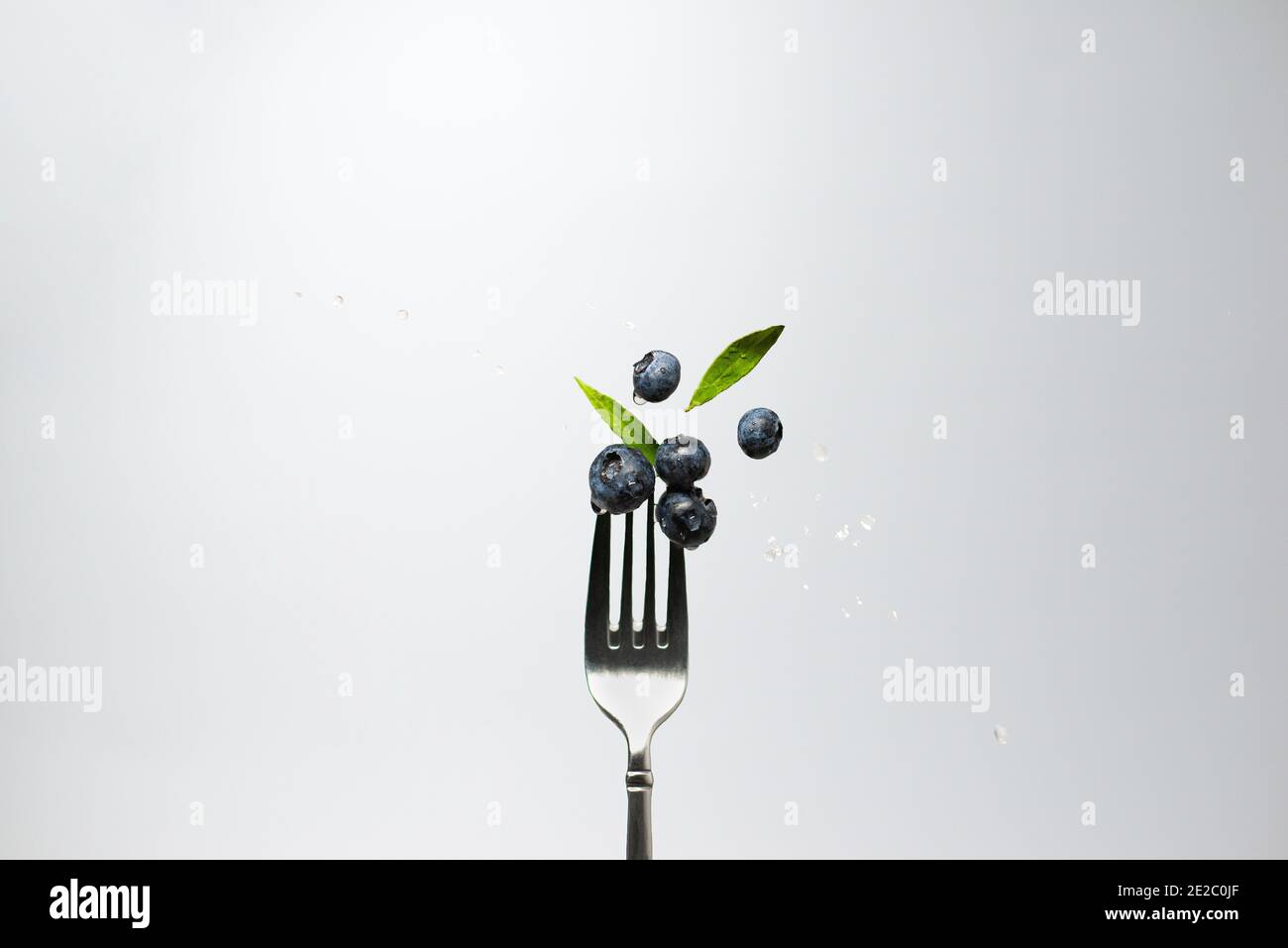 Frische Heidelbeeren im Levitation mit Wassertropfen auf der Gabel Stockfoto