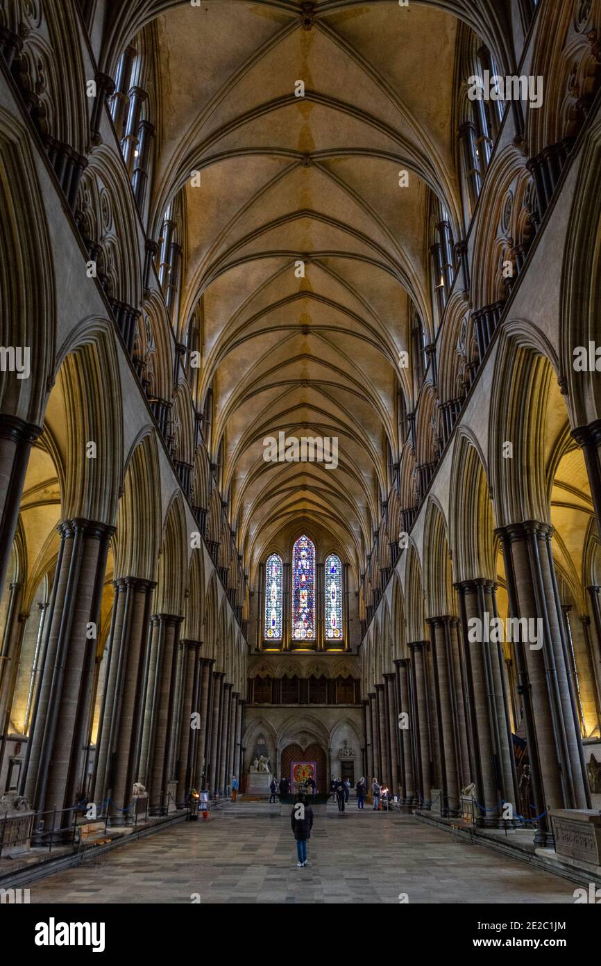 Allgemeiner Blick auf das Kirchenschiff in Salisbury Cathedral, (Cathedral Church of the Blessed Virgin Mary), eine anglikanische Kathedrale in Salisbury, Wiltshire, Großbritannien. Stockfoto