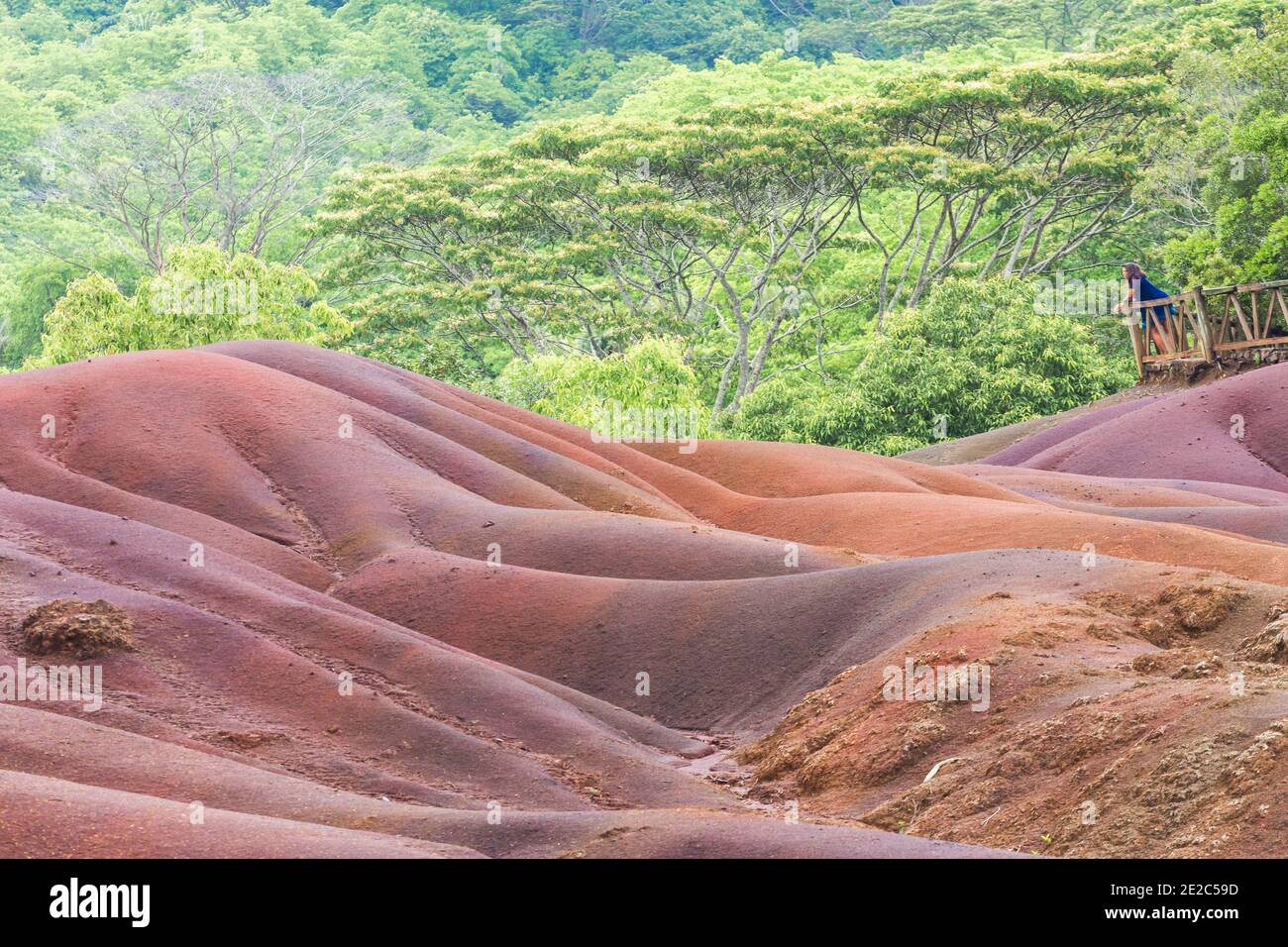 Mauritius, Afrika - Jan 2021: Mädchen schaut auf sieben farbige Erde im Chamarel Park, Mauritius Insel Stockfoto