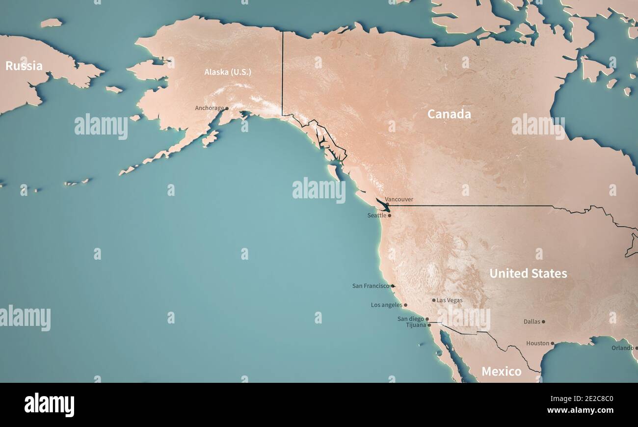 Topographie 3d-Rendering der Welt-Landkarte. Stockfoto