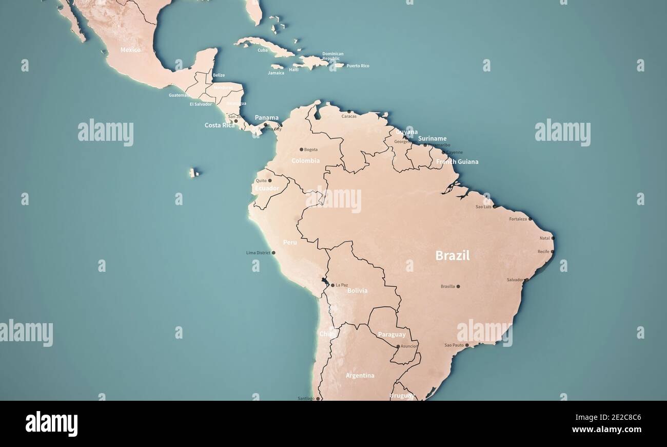 Topographie 3d-Rendering der Welt-Landkarte. Stockfoto