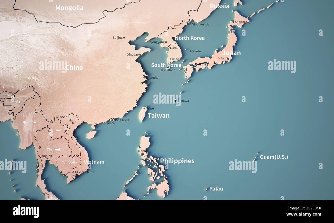 Topographie 3d-Rendering der Welt-Landkarte. Stockfoto