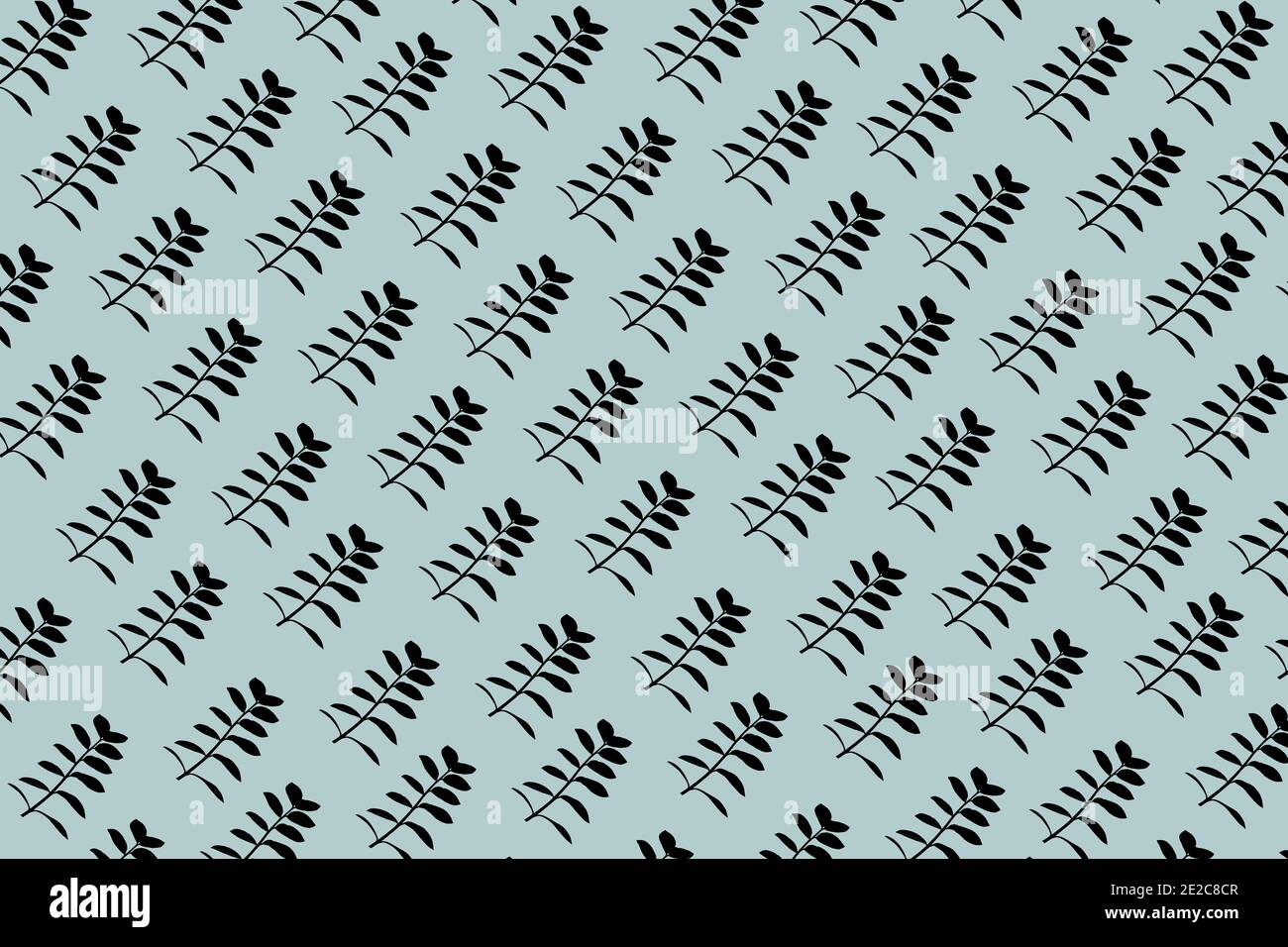 Muster aus schwarzer Silhouette von Zamioculcas Pflanze auf blau Hintergrund Stockfoto