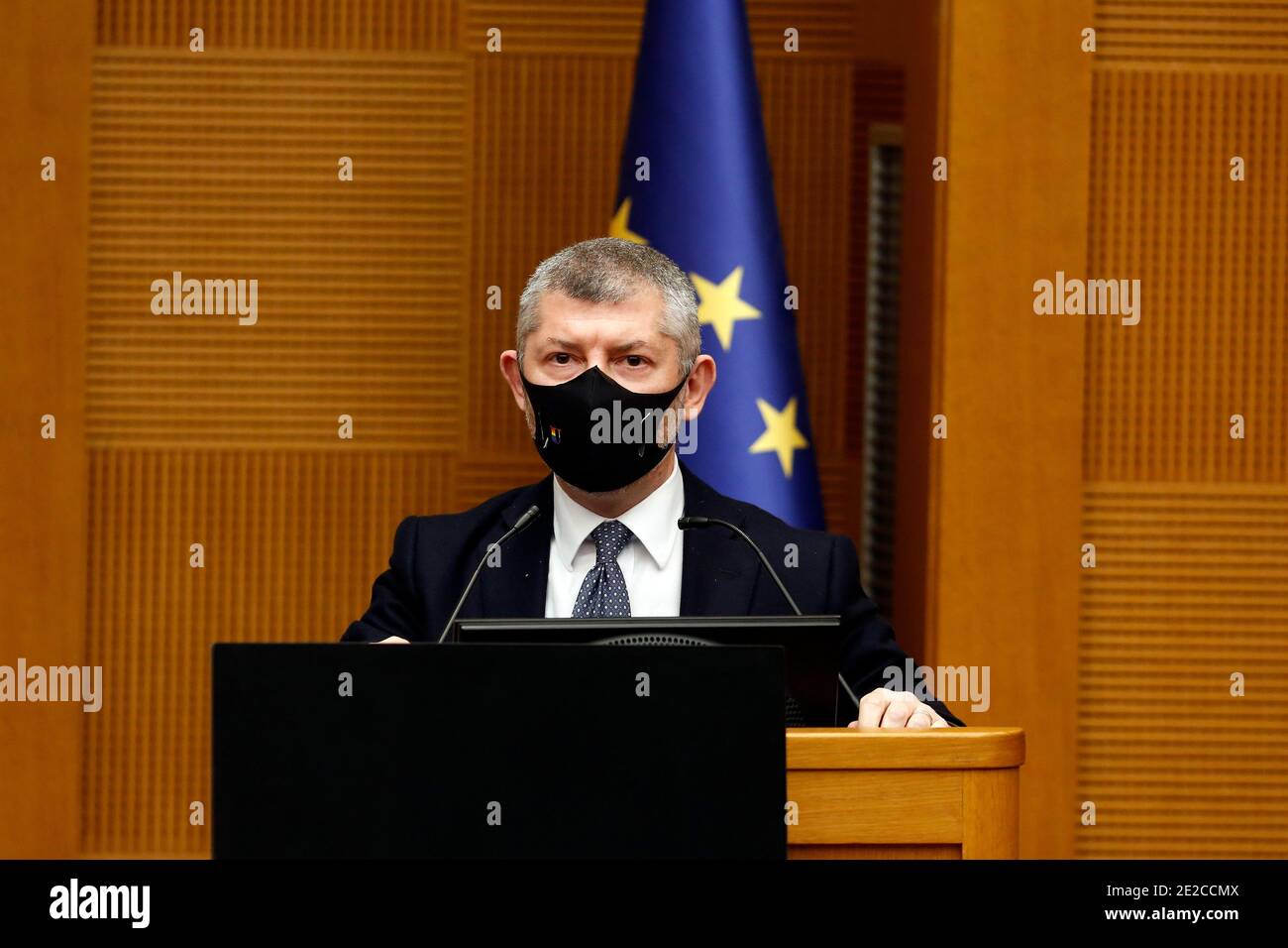 Rom, Italien. Januar 2021. Staatssekretär für auswärtige Angelegenheiten Ivan Scalfarotto während der Pressekonferenz der Partei Italia Viva, die offiziell die Regierungskrise eröffnet. Tatsächlich traten Minister seiner Partei als Protest zurück. Rom (Italien), 13. Januar 2021 Foto Samantha Zucchi/Insidefoto Kredit: Insidefoto srl/Alamy Live News Stockfoto