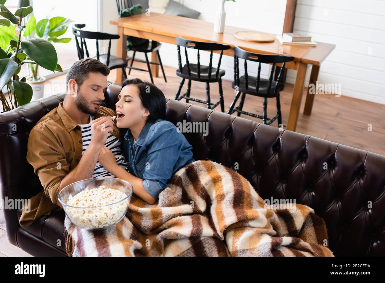 Junger Mann füttert Freundin mit Popcorn, während er auf Leder ruht Sofa unter warmer karierten Decke Stockfoto