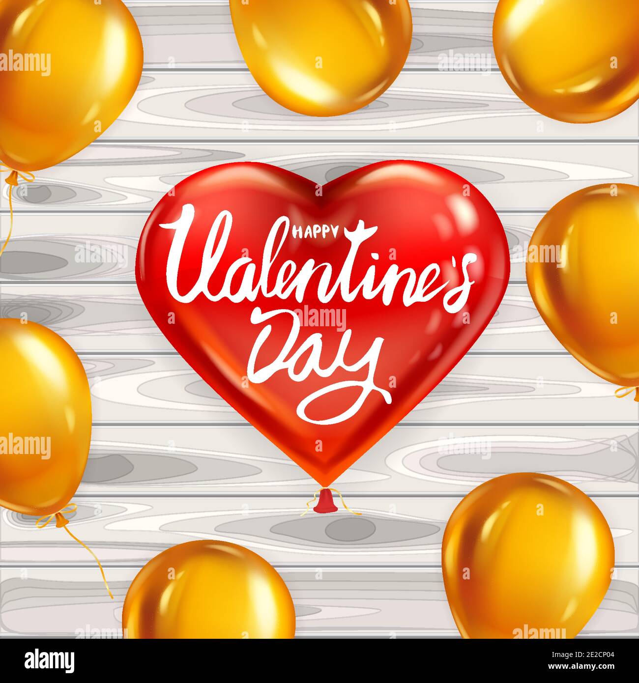 Happy Valentines Day rot Herz Form glänzend Ballon realistisch, Schriftzug, Hintergrund Holztisch goldene Luftballons, Grußkarte. Vektorbanner Stock Vektor