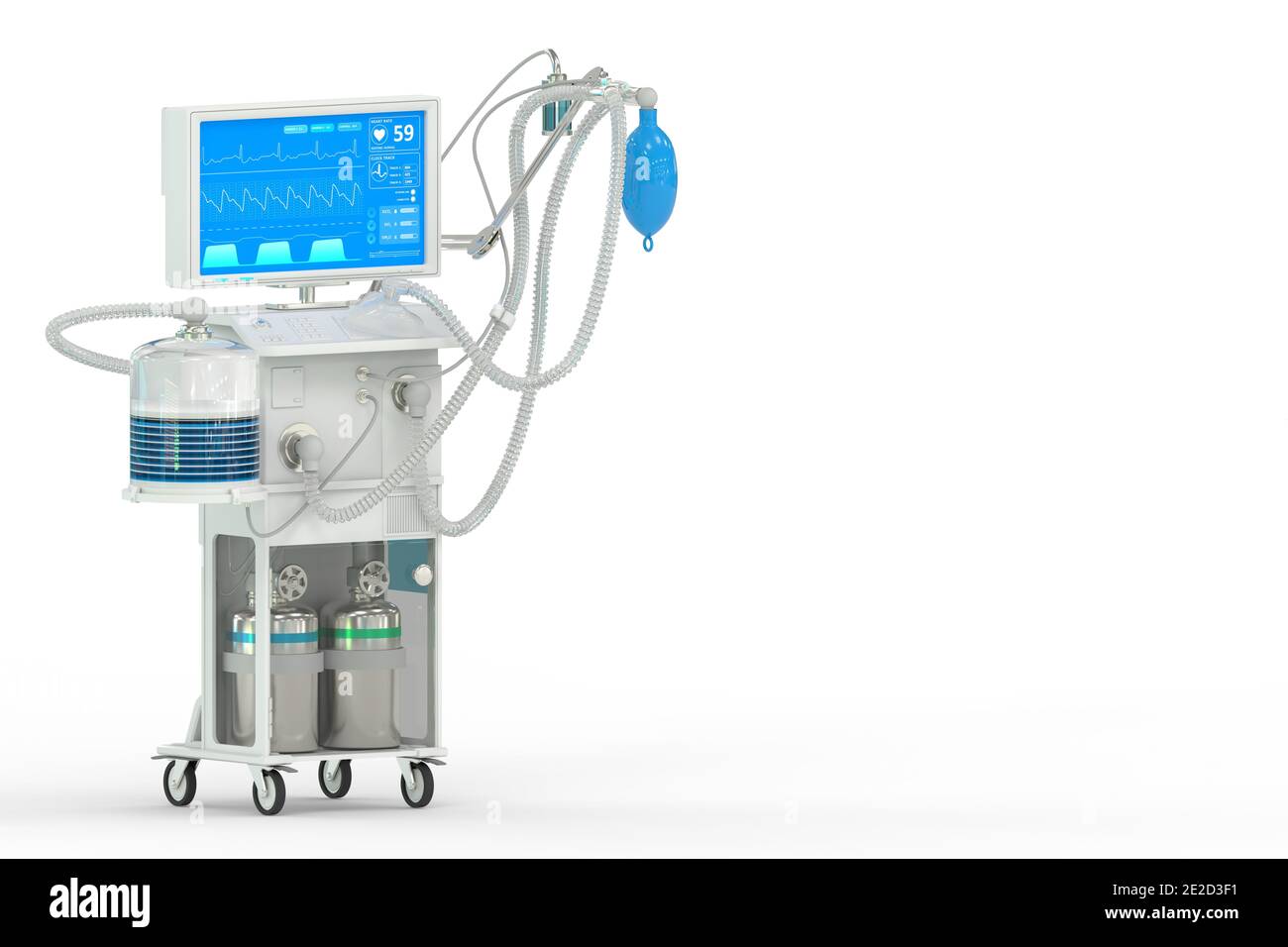 Medizinische 3D-Illustration, ICU künstliche Lungenventilator mit fiktiven Design isometrische Ansicht isoliert auf weiß - heilen Corona Virus Konzept Stockfoto