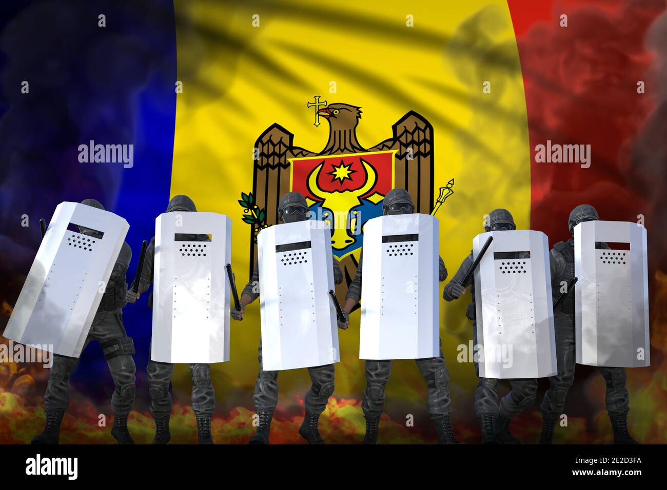 Moldawien Protest Stopp-Konzept, Polizeiwachen in starkem Rauch und Feuer Schutz Gesetz gegen Demonstration - Militär 3D Illustration auf Flagge backgr Stockfoto