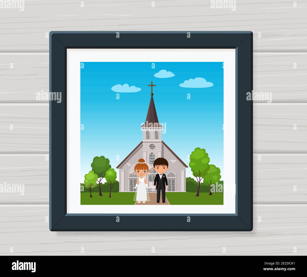 Hochzeitspaar. Brautpaar im Rahmen auf dem Hintergrund der Kirche. Flacher Cartoon-Stil. Vektorgrafik Stock Vektor