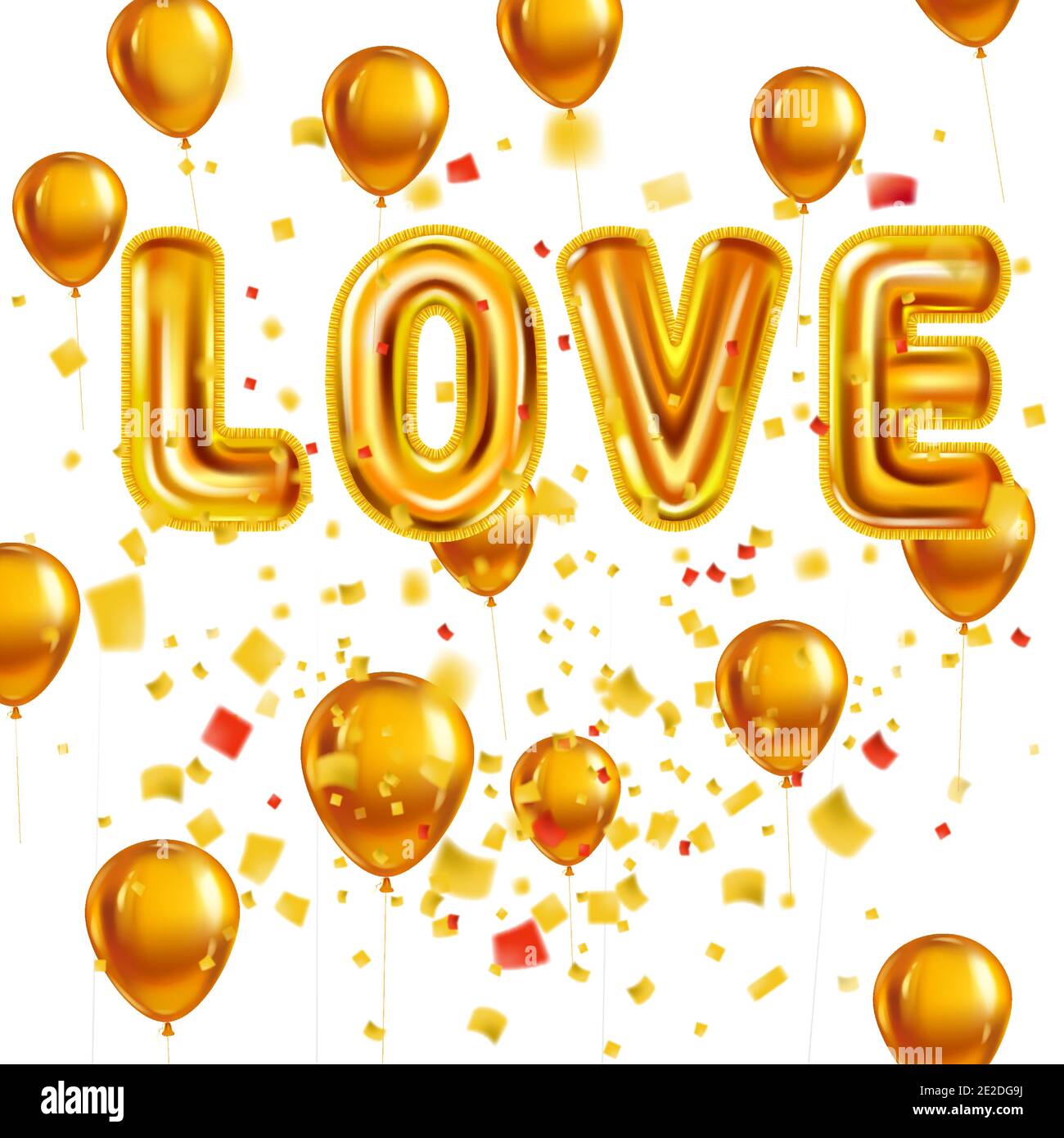 Love Gold Helium metallic glänzende Ballons realistischer Text, platzen Folie Konfetti Ballons. Hintergrund-Design glücklich Valentinstag, Party, Dekoration Stock Vektor