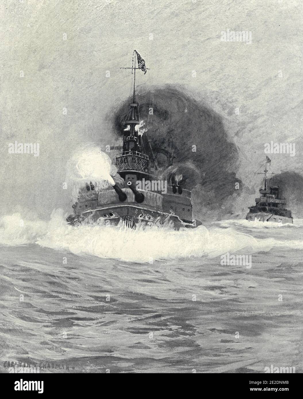 Die USS Oregon überholen die Vizcaya und Cristobal Colon vor Santiago, 8. Juli 1898 während des Spanischen Amerikanischen Krieges Stockfoto