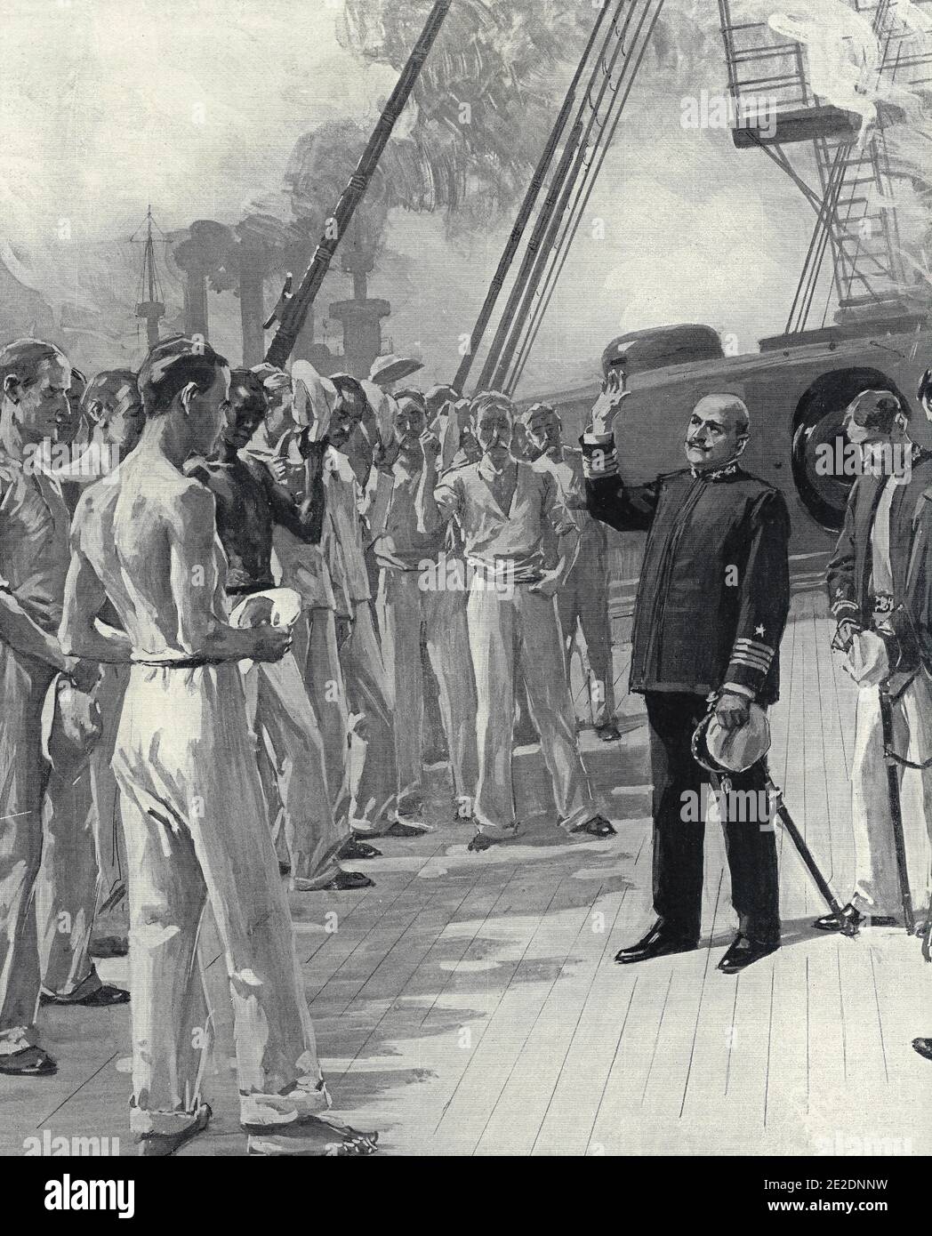 Kapitän Philip Danksagung auf dem Deck der USS Texas während des Spanischen Amerikanischen Krieges, 1898 Stockfoto
