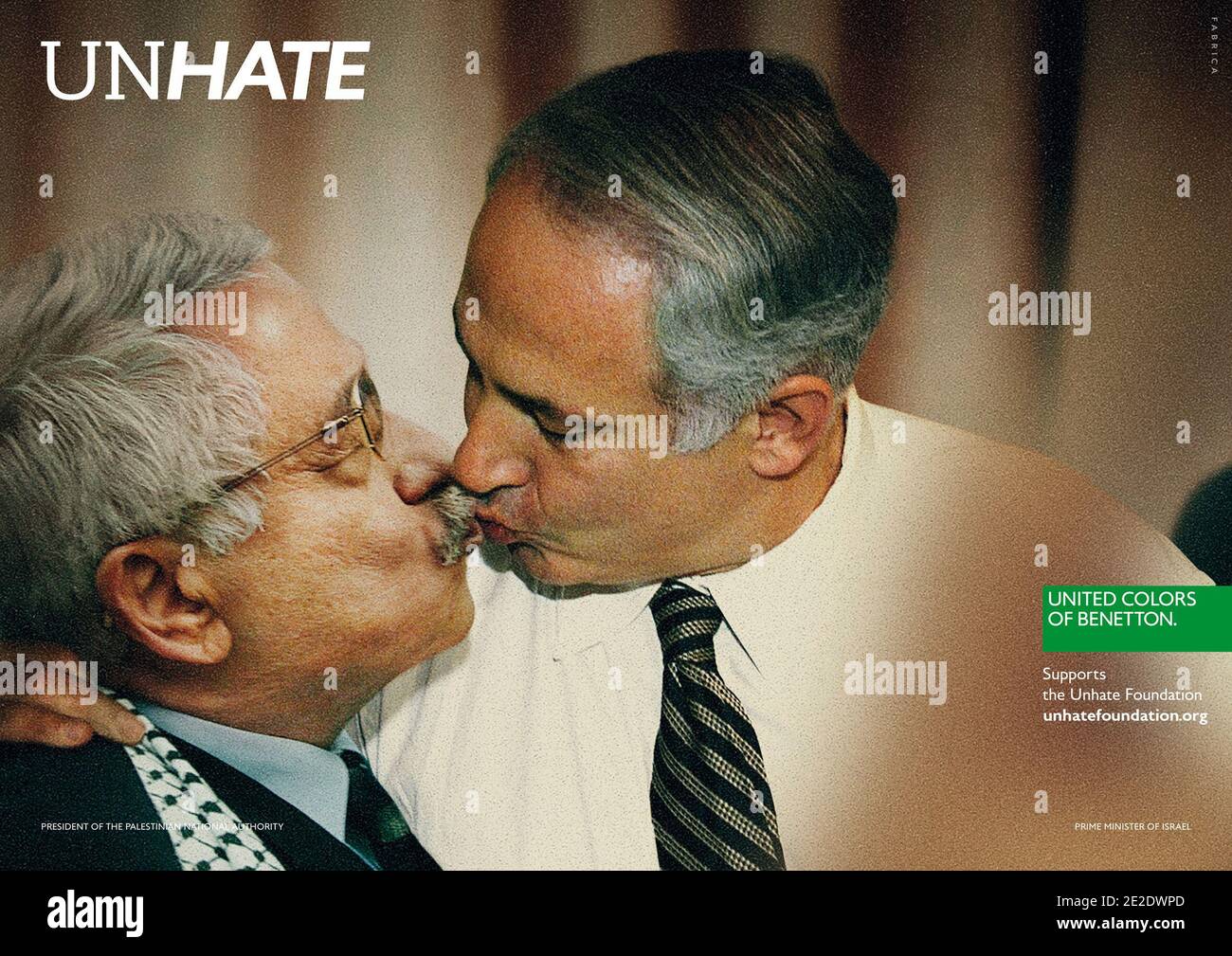 Bilder aus United Colors von Benettons Unhate-Kampagne. Die Kampagne "lädt die Führer der Welt ein, die "Kultur des Hasses" zu bekämpfen. Der Campiang enthält verspottete Bilder, darunter der israelische Ministerpräsident Netanjahu und der palästinensische Führer Mahmoud Abbas, die sich küssen. Ein Bild des Papstes, der Imam Ahmed Mohamed el-Tayeb umarmte, verursachte einen solchen Aufruhr, dass es anschließend entfernt wurde. Bild mit freundlicher Genehmigung von United Colors of Benetton / ABACAPRESS.COM Stockfoto