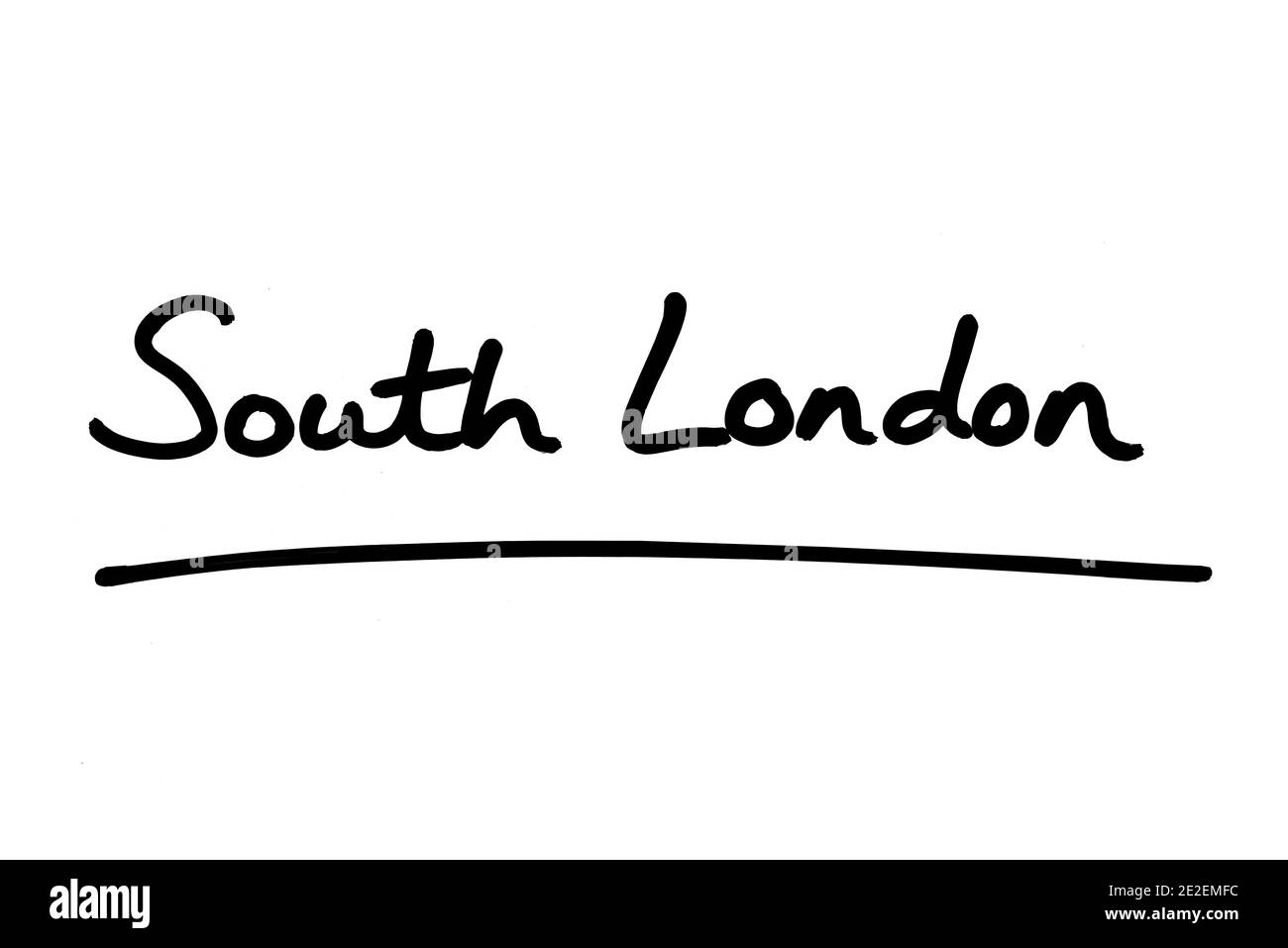 South London, handgeschrieben auf weißem Hintergrund. Stockfoto