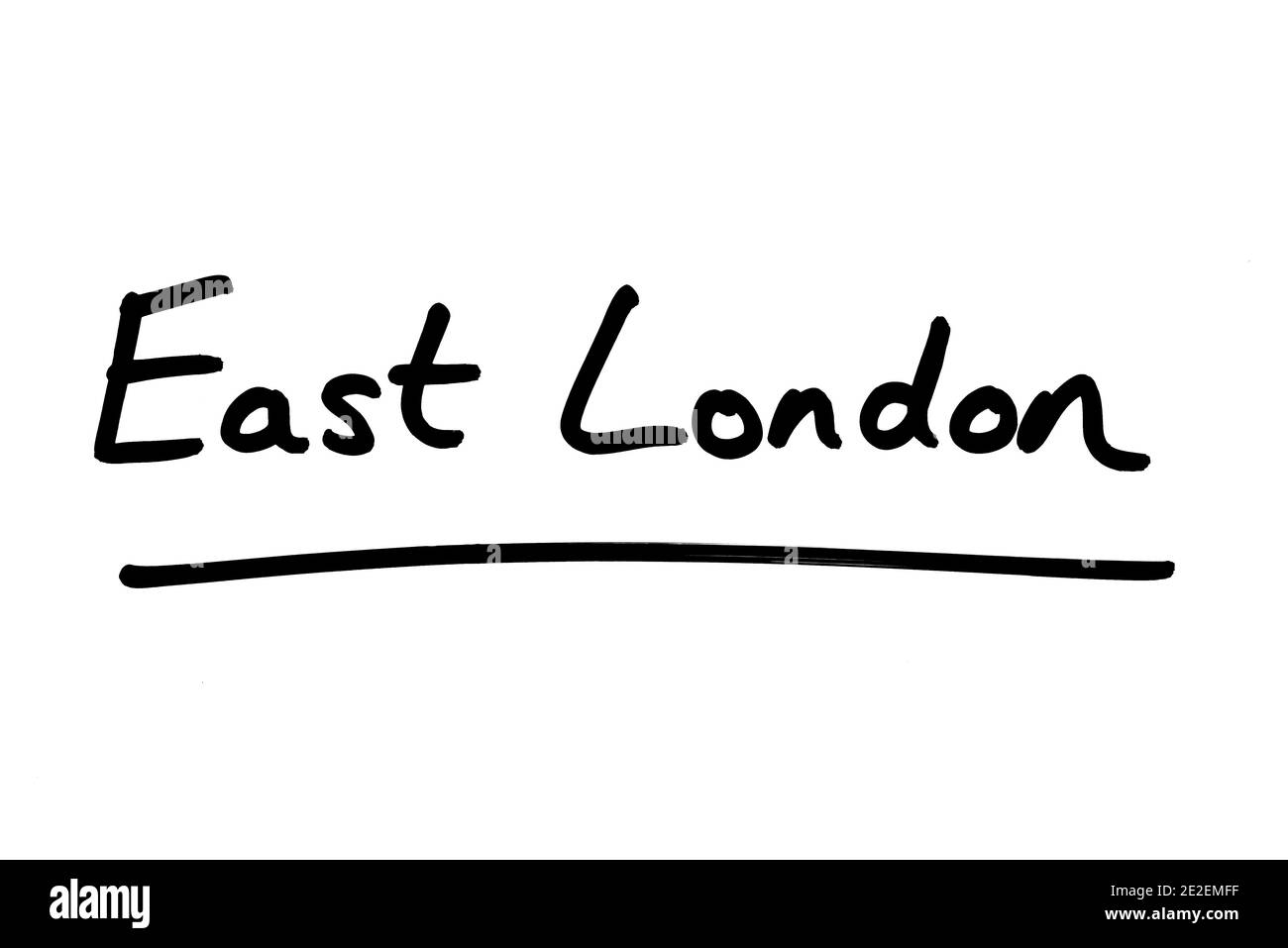 East London, handgeschrieben auf weißem Hintergrund. Stockfoto