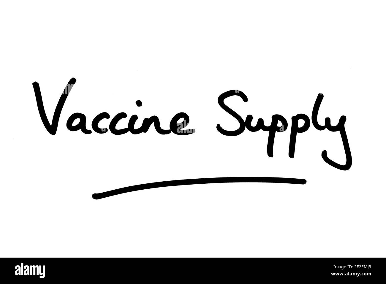 Impfstoffversorgung, handgeschrieben auf weißem Hintergrund. Stockfoto