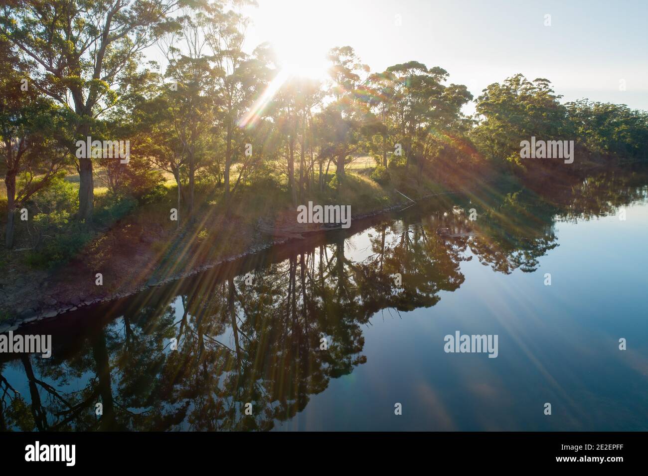 Sonnenschein durch Bäume am Flussufer mit Lichtreflexen Stockfoto
