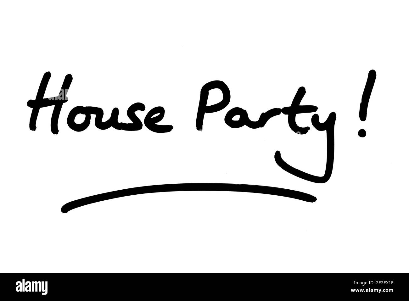 House Party! Handgeschrieben auf weißem Hintergrund. Stockfoto