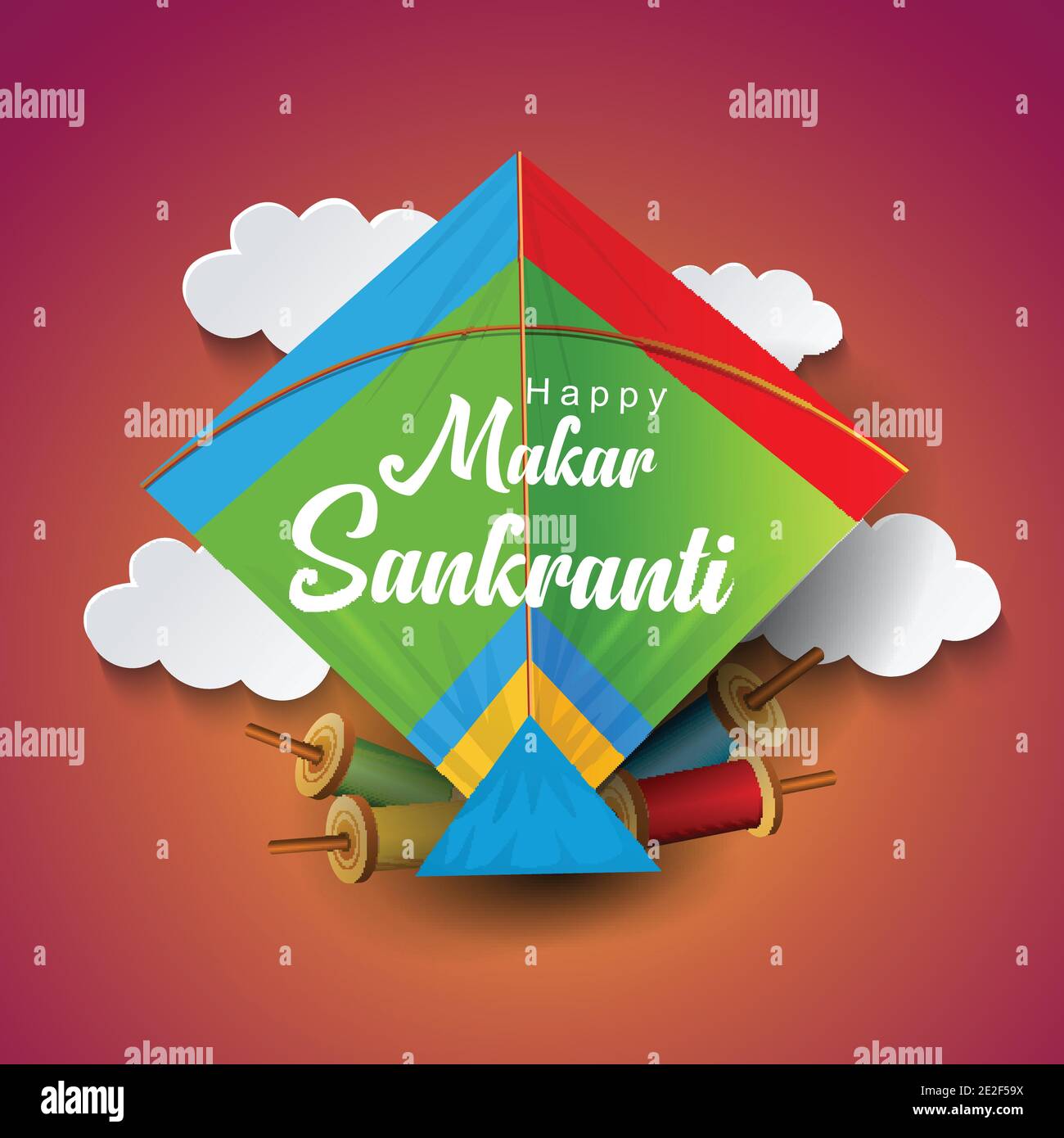 Indian Festival Happy Makar Sankranti Poster Design mit Gruppe von bunten Drachen fliegen wolkigen Himmel. vektor-Illustration Design. Stock Vektor