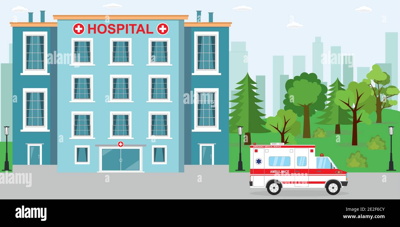 Krankenhausgebäude, Ambulanzauto und Park in der Nähe, Silhouette der Stadtgebäude auf dem Hintergrund, flache Vektordarstellung. Stock Vektor