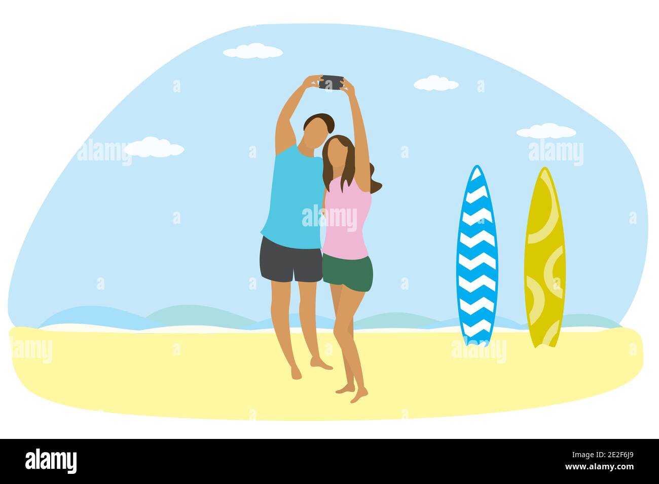 Glückliches Paar in Liebe am Strand und zwei Surfbretter, Leute Nehmen Sie ein Selfie, flache Vektor-Illustration in einfachen trendigen Stil Stock Vektor