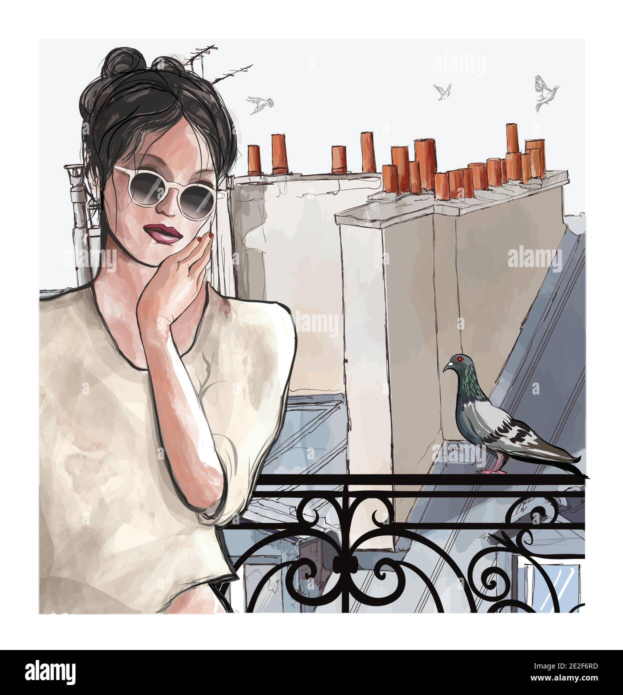 Frau auf einem Balkon über Luftpanorama der Dächer in Paris - Vektorgrafik Stock Vektor