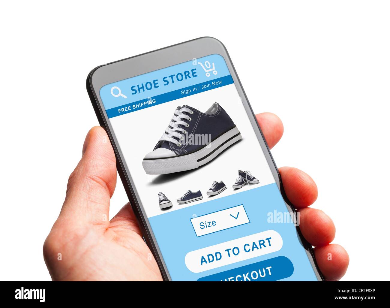 Hand Holding Smartphone Einkaufen im Online Shoe Store. Stockfoto