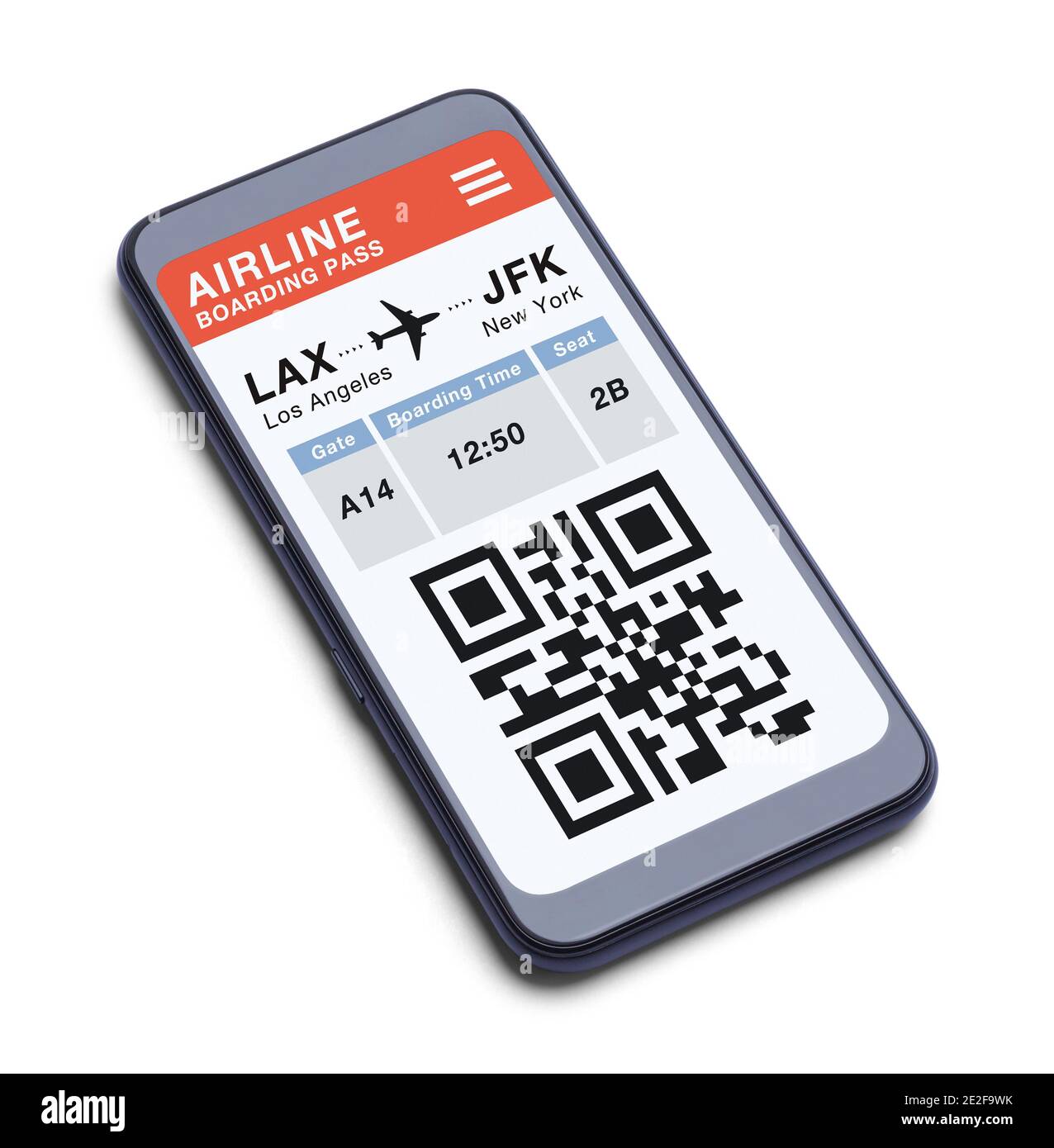Smartphone mit Bordkarte für Flugzeuge und weißem QR-Code. Stockfoto