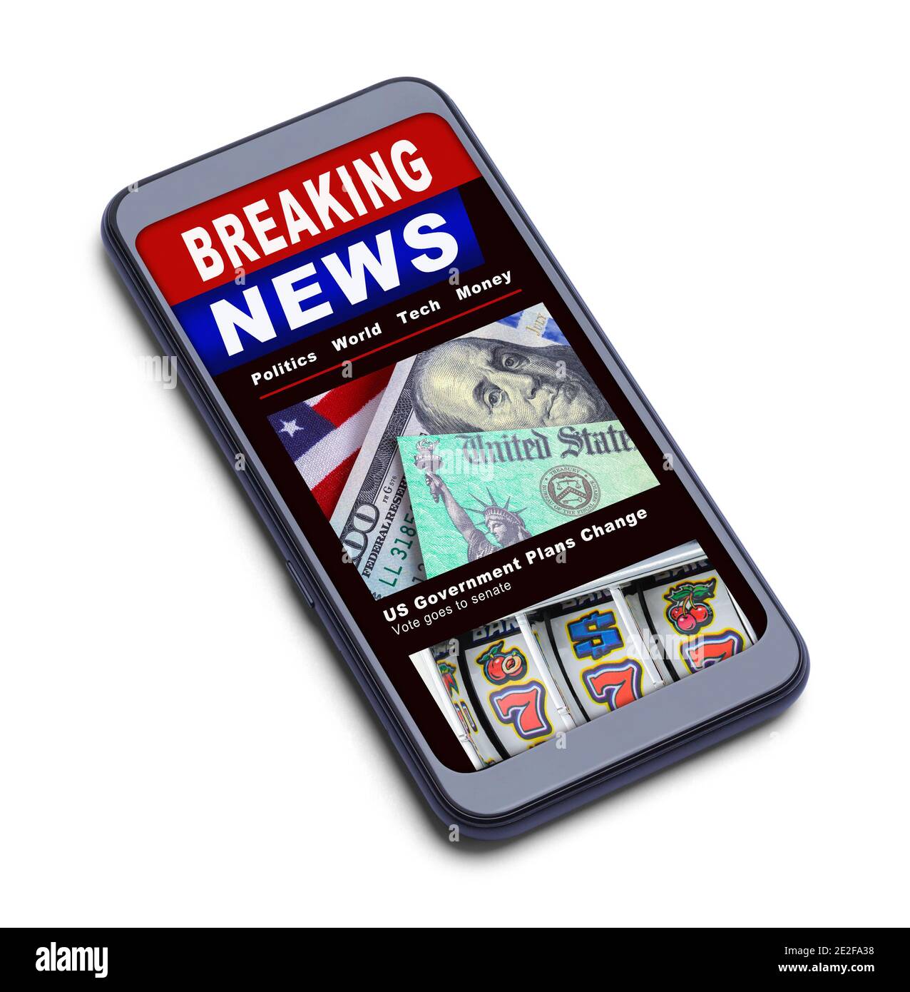 Smart Phone mit Schlagzeilen aus den Schlagzeilen auf Weiß. Stockfoto