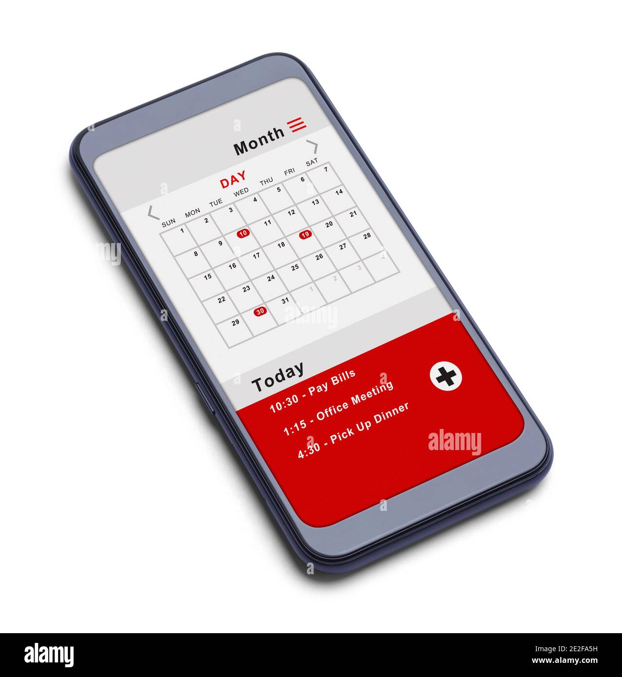 Smartphone mit Monatskalender und geplanten Ereignissen auf Weiß ausgeschnitten. Stockfoto