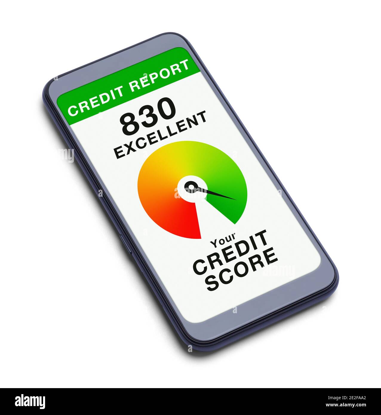 Smartphone mit ausgezeichneter Kredit-Score-Bewertung Ausschnitt auf Weiß. Stockfoto