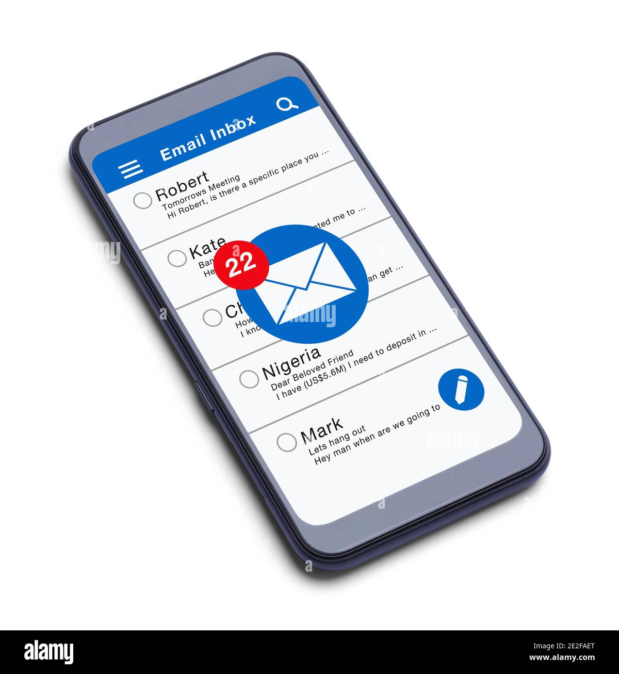 Smartphone mit E-Mail-Posteingang und lesebereite Nachrichten auf Weiß ausgeschnitten. Stockfoto