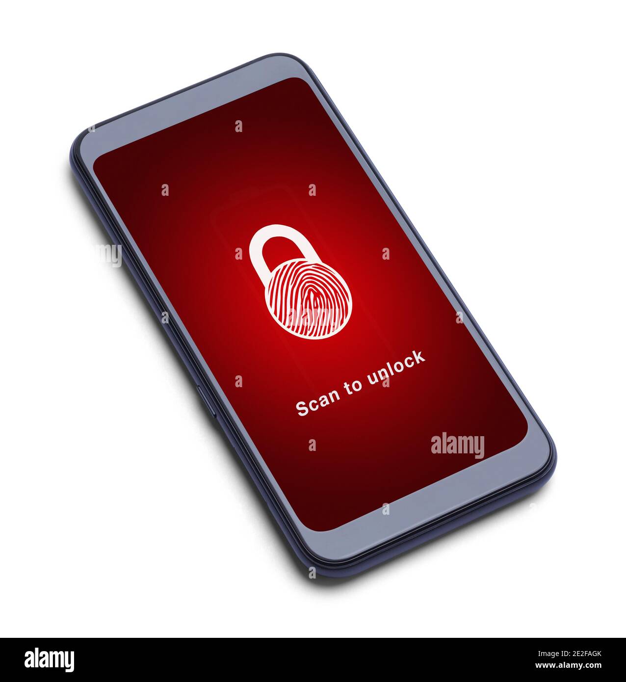 Smart Phone mit Fingerabdruck-Scan zum Entsperren des Gerätebildschirms wird auf Weiß ausgeschnitten. Stockfoto