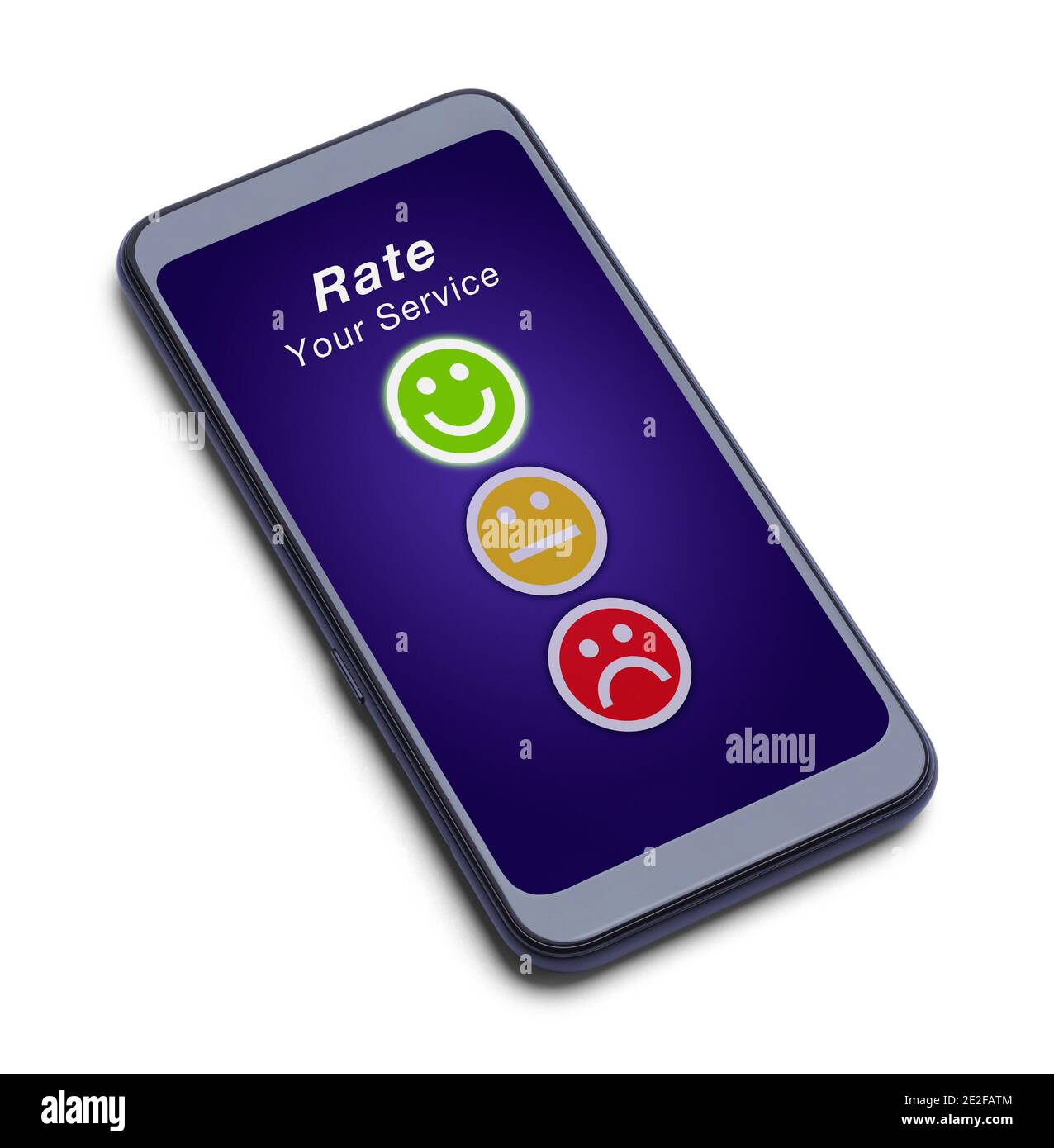 Smartphone mit einem positiven Happy Face Rating Service Ausschnitt auf Weiß. Stockfoto