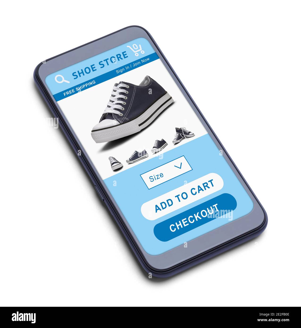 Smartphone Online-Shopping im Shoe Store mit Produkt bereit zum Warenkorb und zur Kasse. Stockfoto