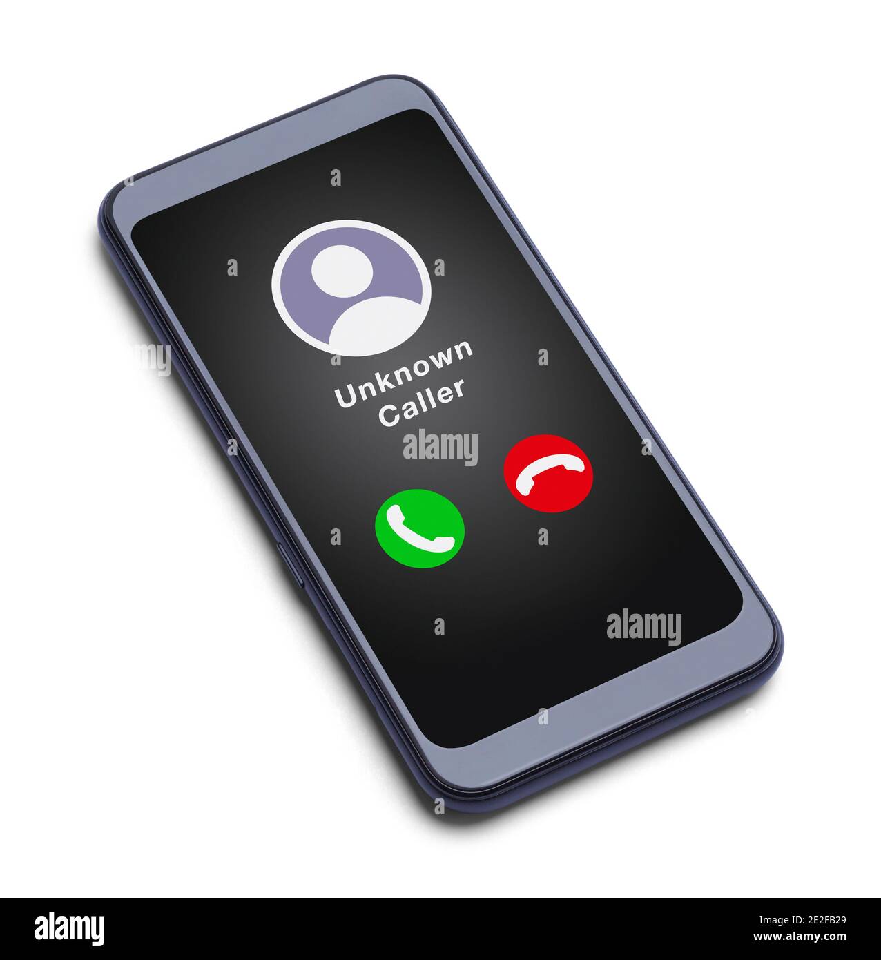 Smartphone mit unbekannter Anrufernachricht und Symbol-Ausschnitt auf Weiß. Stockfoto