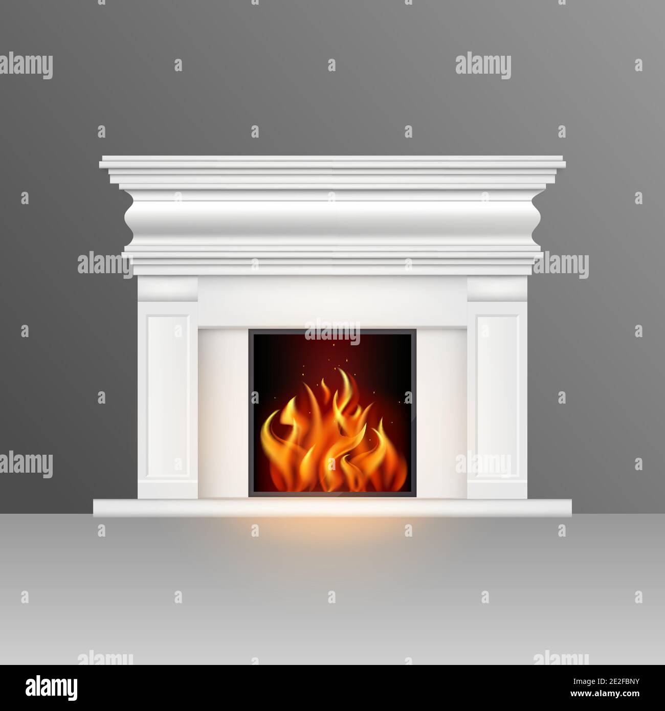 Weißer Kamin mit natürlichem Feuer im klassischen Stil. Element des Innenraums des Wohnzimmers. Vektorgrafik. Stock Vektor