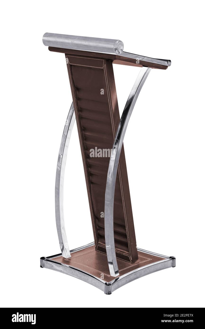 Edelstahl Podium Tribune Rostrum Stand mit Leder-Kissen isoliert auf weißem Hintergrund, Arbeit mit Clipping Pfad. Stockfoto