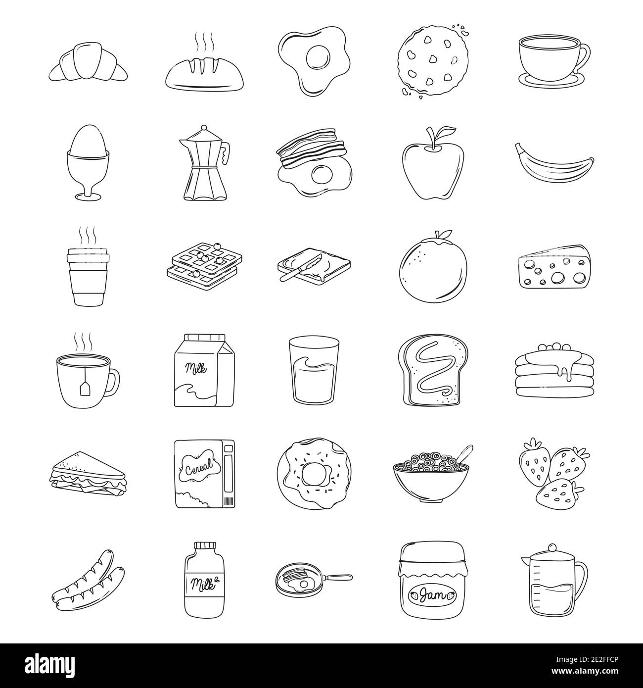 Frühstück Symbole Set, Croissant Brot Saft Früchte Sandwich Milch Pfannkuchen Vektor Illustration Linie Stil Stock Vektor