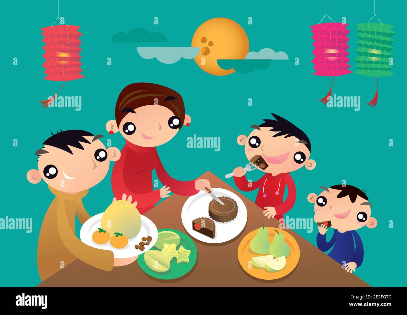 Eine Hongkonger Familie genießt ihre Familienzeit und teilt sich Die festlichen Speisen in der chinesischen Laterne Festival Stock Vektor