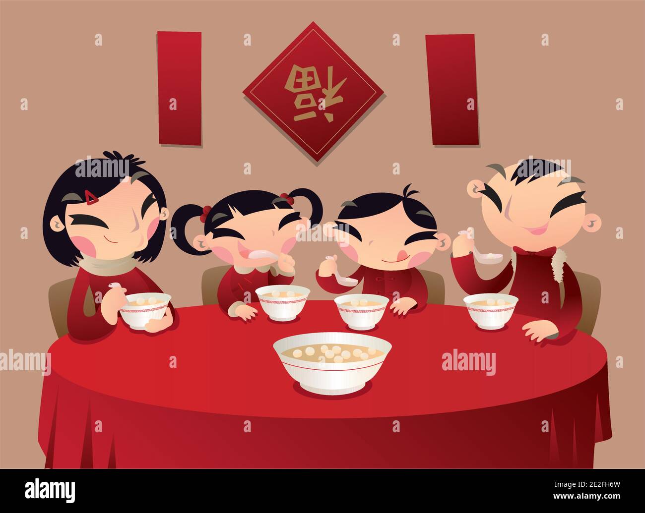Eine chinesische Familie genießt ihre Familienzeit mit süßen Reis-Mehl Knödel (Festival Dessert) zusammen essen. Stock Vektor