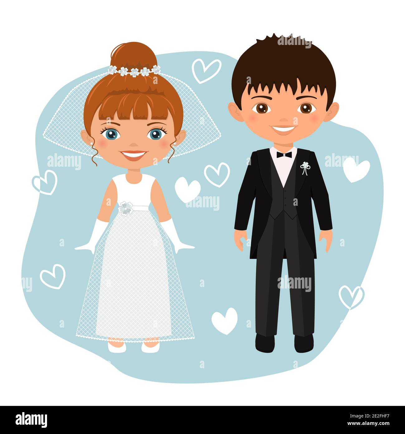 Hochzeitspaar. Cute chibi Zeichen Bräutigam und Braut in Brautkleider. Flacher Cartoon-Stil. Vektorgrafik Stock Vektor
