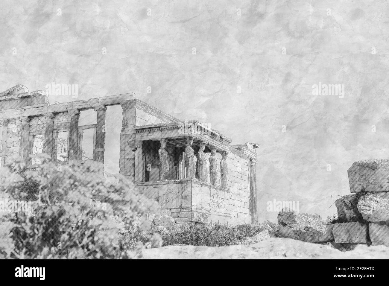 Schwarz und weiß Antike Stätten Ruinen eines antiken Tempels auf dem Akropolis-Hügel, Griechenland. Aquarell-Spritzer mit handgezeichneter Skizze Stockfoto