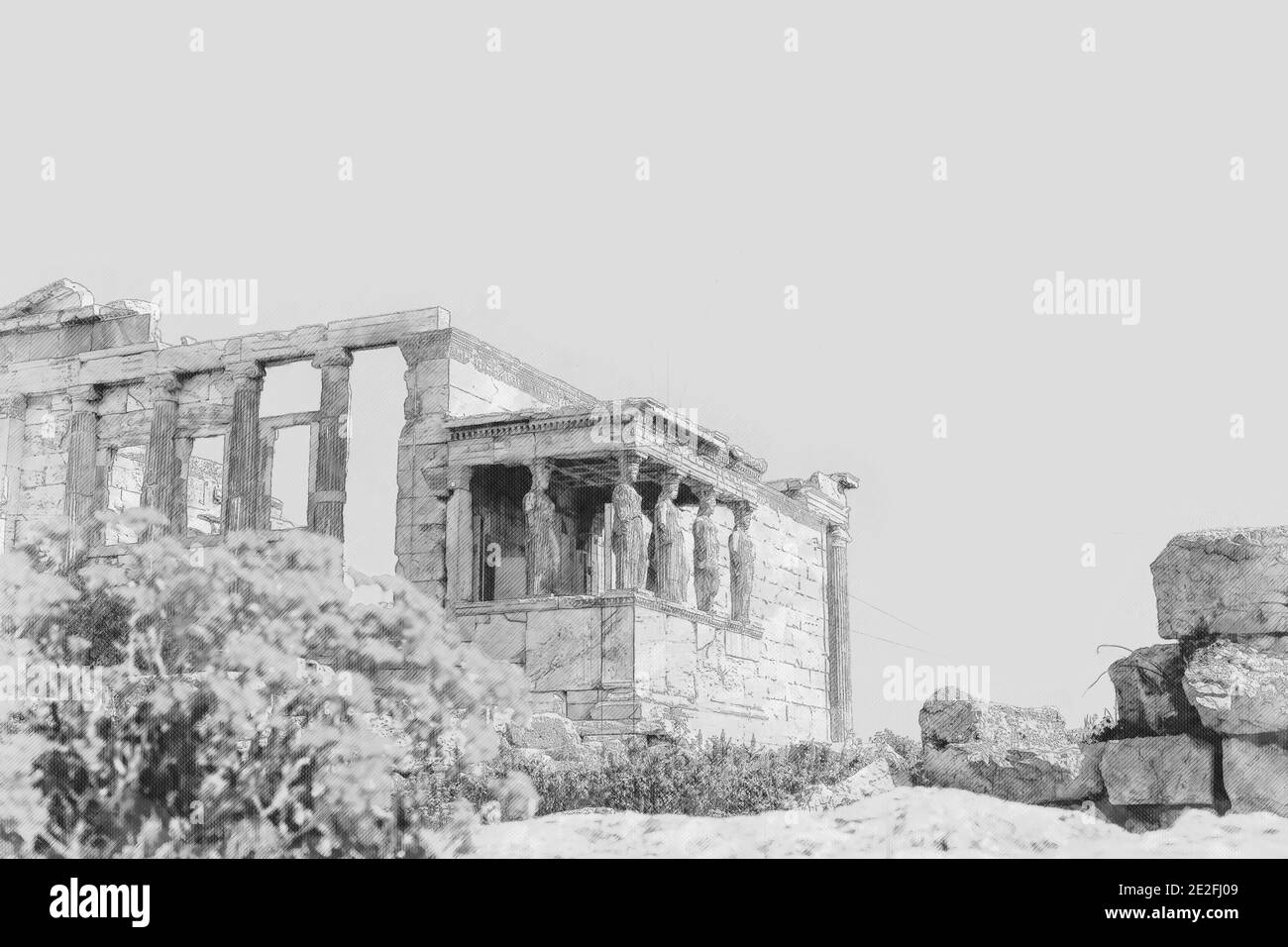 Schwarz und weiß Antike Stätten Ruinen eines antiken Tempels auf dem Akropolis-Hügel, Griechenland. Aquarell-Spritzer mit handgezeichneter Skizze Stockfoto