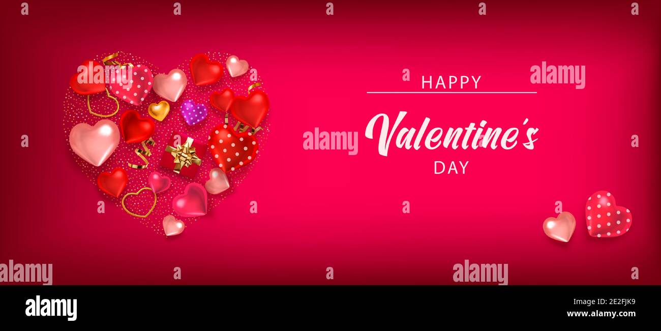 Valentine Hintergrund mit rotem Herz, Gold Serpentin. Grußkarte, Einladung, Flyer. realistischer 3D-Vektor. Stock Vektor