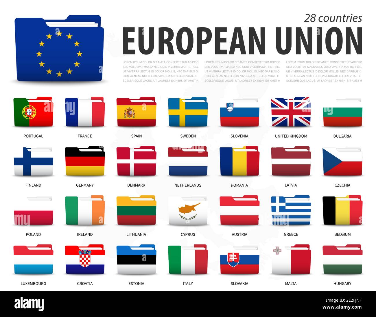 Flagge der Europäischen Union ( EU ) und Mitgliedschaft auf europa Karte Hintergrund . Ordner Flaggen Design . Vektor . Stock Vektor