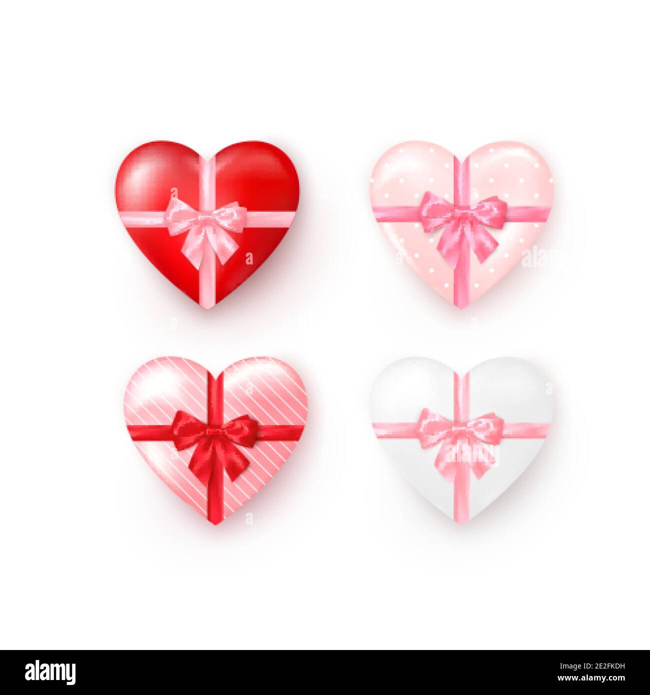 Set von herzförmigen Geschenkboxen mit Seidenschleife. Valentinstag Grußkarte Vorlage Element. Vektor Stock Vektor