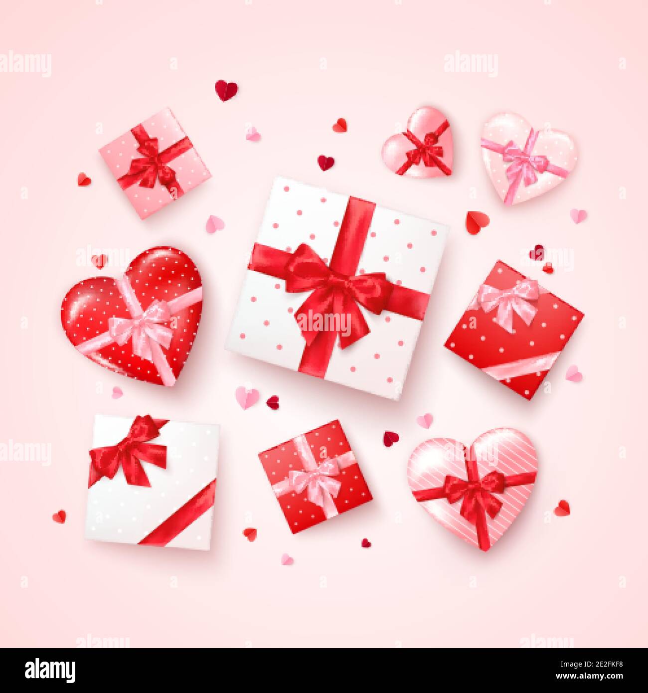 Set von Geschenken in quadratischen und herzförmigen Boxen mit Seidenband und Schleife. Geschenk für Valentinstag dekoriert Konfetti. Vektor Stock Vektor
