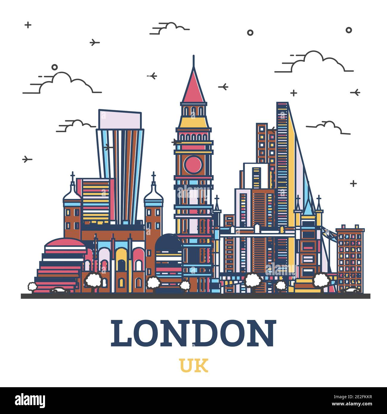 Umriss London England UK City Skyline mit farbigen Gebäuden isoliert auf Weiß. Vektorgrafik. Stadtbild von London mit Wahrzeichen. Stock Vektor
