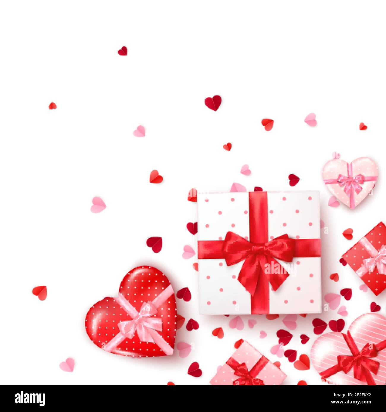 Geschenke in quadratischen und herzförmigen Boxen mit Seidenband und Schleife. Geschenk für Valentinstag dekoriert Konfetti. Vorlage für Banner oder Grußkarte Stock Vektor